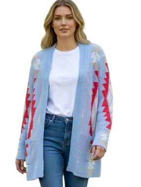 Umgee Aztec Diamond Knit Cardigan NWT Sky Blue Open Front Boho Western M